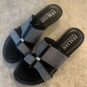 Silver colored slip on shoes with elastic band